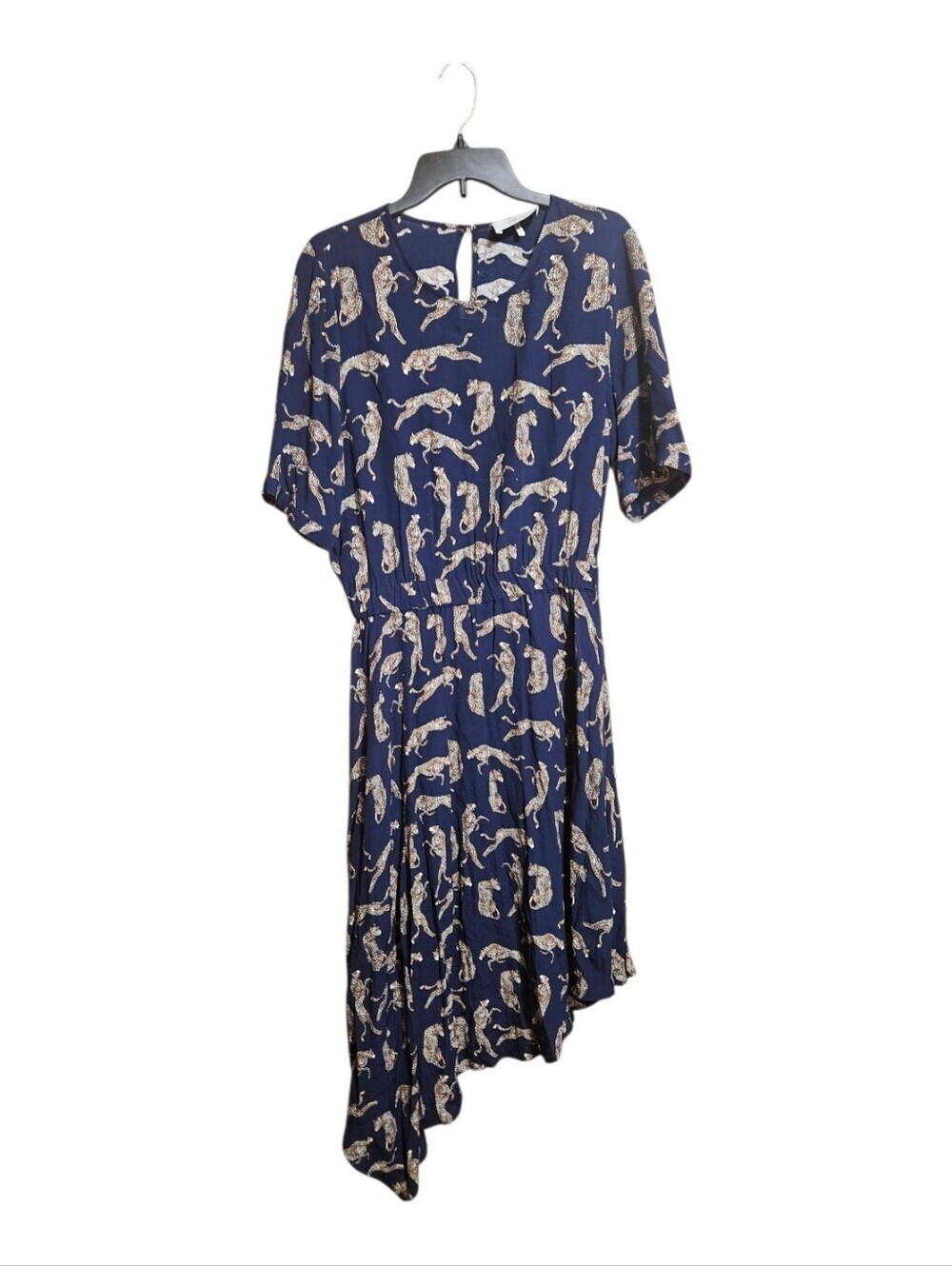 Just Female Welis dress Cheetah Animal Print Navy Blue Asymmetrical Size Medium!